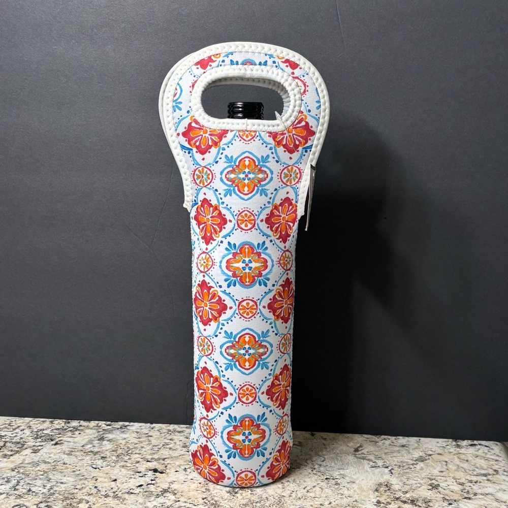 Insulated Neoprene Wine Bottle Tote White Multi-Color Medallion Pattern